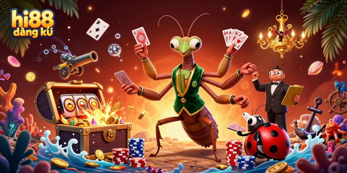 Engage with hi88 đăng ký through exciting casino adventures featuring a giant mantis dealer and vibrant treasures.