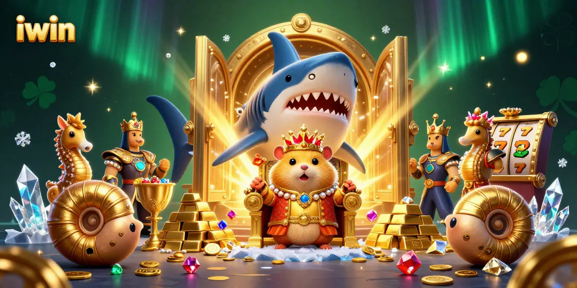 Experience the thrill of iwin with the golden hamster king on a treasure throne in a vibrant casino world.