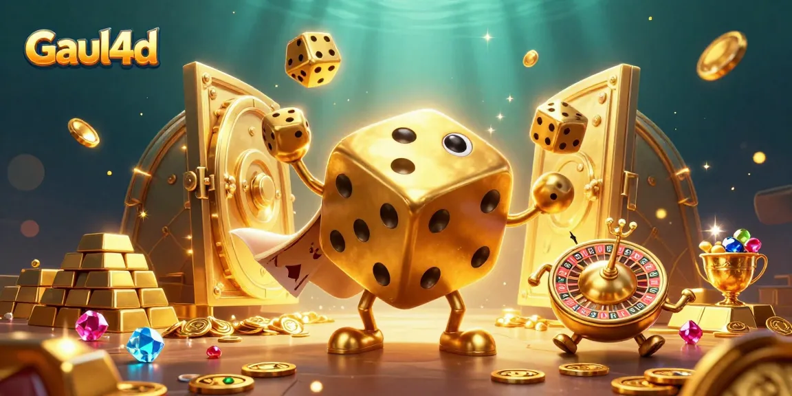 Engage with Gaul4d's vibrant 3D casino world featuring a golden dice golem and dynamic game elements.