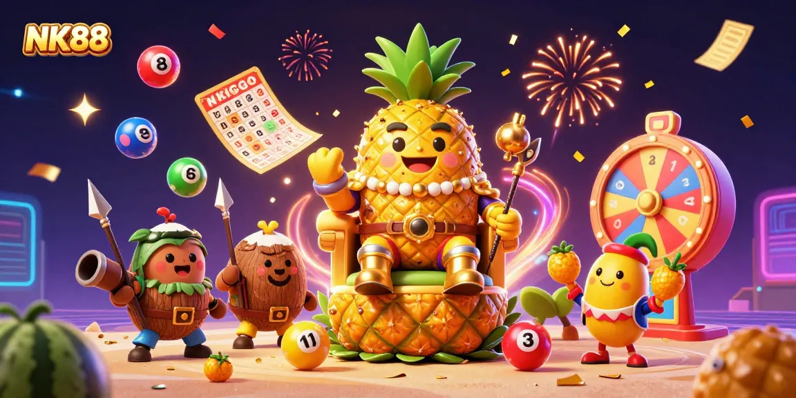 Engage in thrilling casino action with NK88's golden pineapple king and lively game elements.