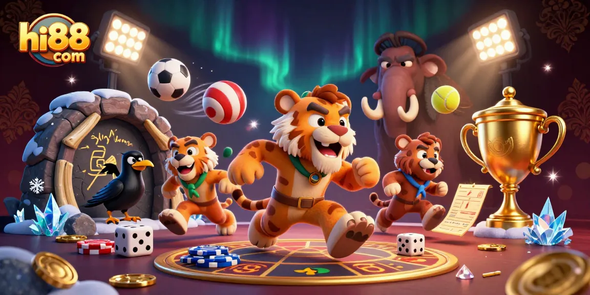 Experience thrilling wins at hi88 com, featuring a dynamic prehistoric casino scene filled with excitement.