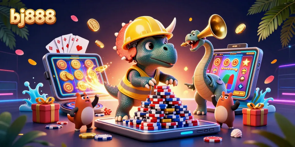 BJ888 showcases a vibrant gambling scene with characters building poker chip pyramids and celebrating wins.