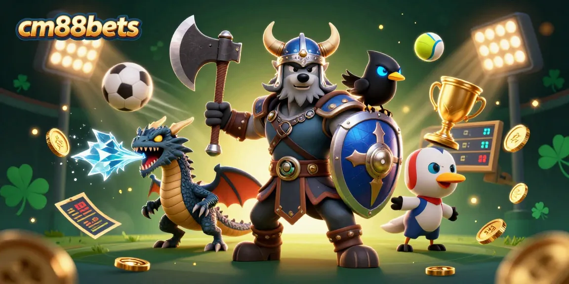 Engage in exciting gameplay with cm88bets, featuring a Viking warrior and dynamic sports elements.