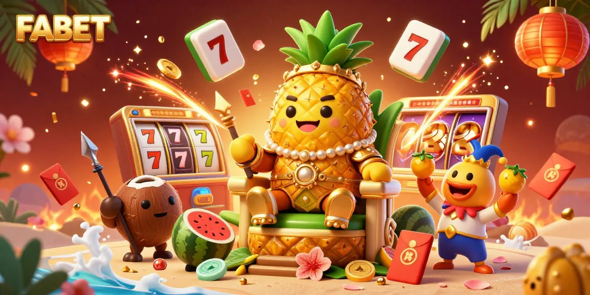 Engage with FABET's vibrant casino scene featuring a pineapple king, slot reels, and colorful game elements.