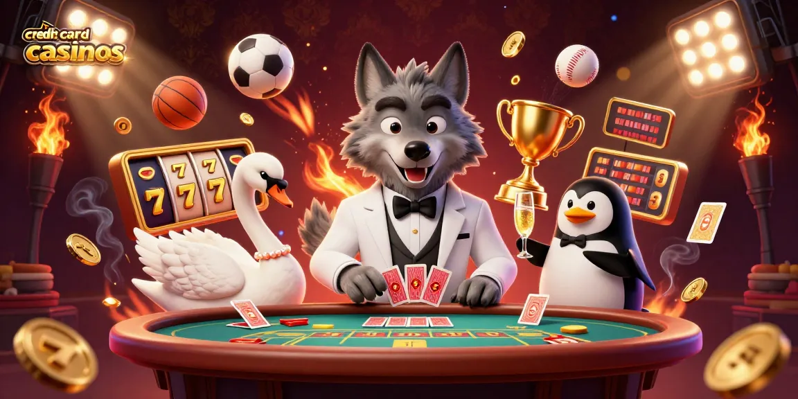 Experience exhilarating gaming at credit card casinos featuring a debonair wolf, elegant swan, and penguin sommelier.