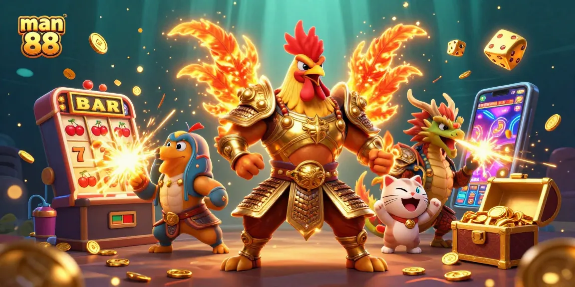 man 88 showcases an exciting casino scene with a golden rooster warrior and a dragon.