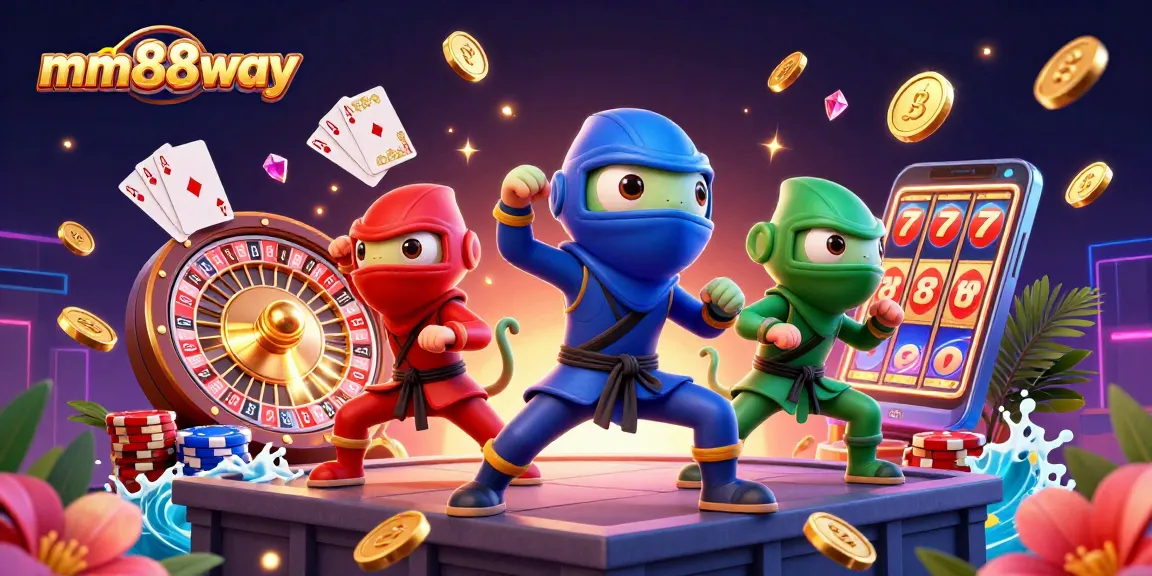 Engage in thrilling gaming adventures with mm88way, illustrated by ninja chameleons and dazzling casino elements.