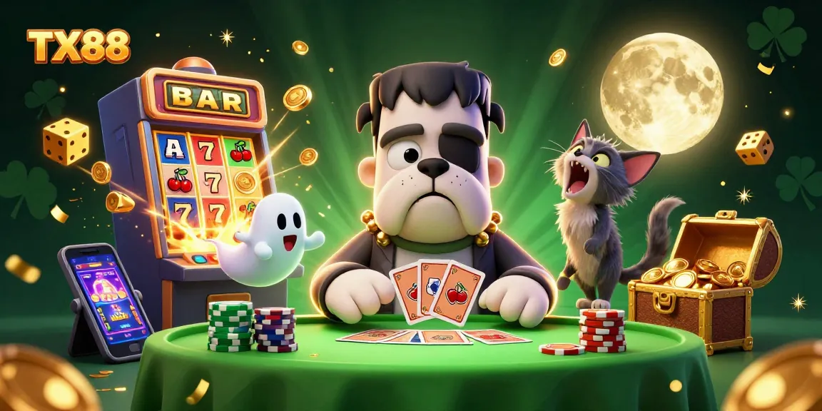 TX88, a cartoon bulldog monster dealing cards amidst a jackpot explosion of coins
