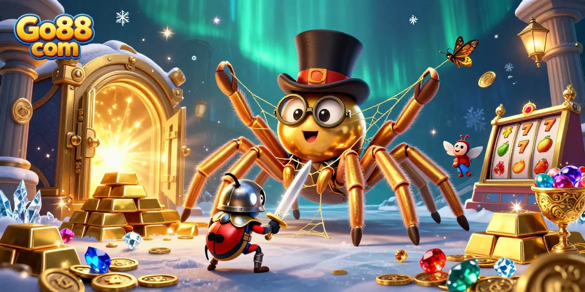 Spin the reels at Go88 com with a whimsical golden tarantula weaving treasures and a beetle knight ready to gamble.