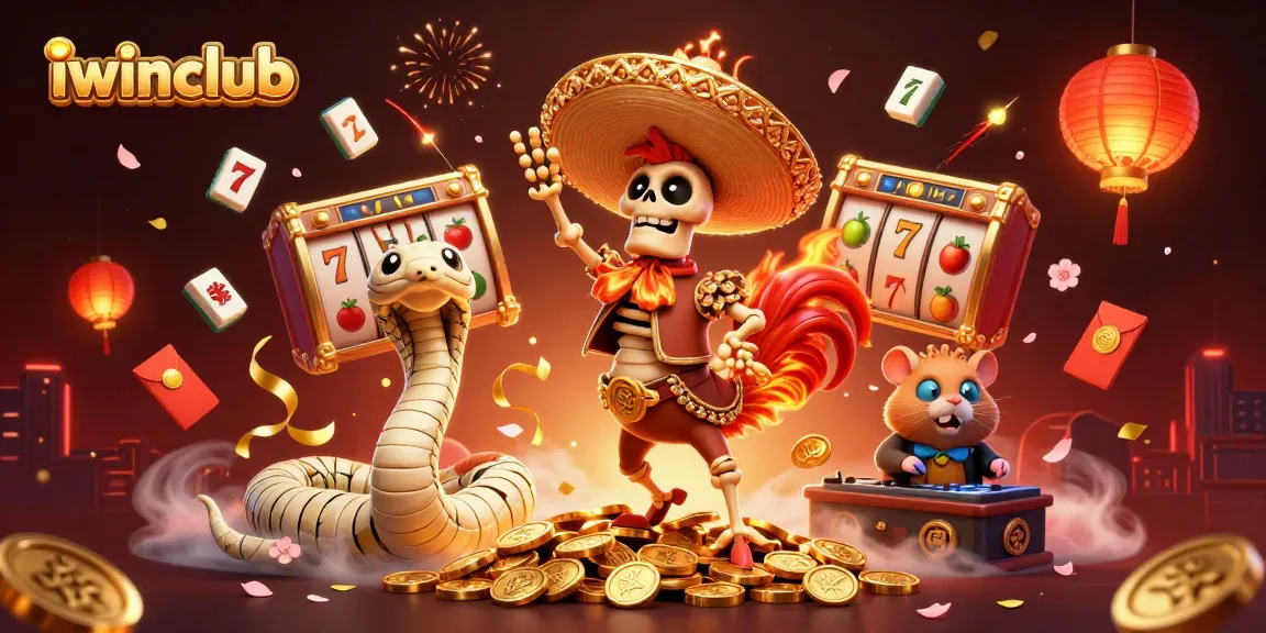 Win big at iwinclub with vibrant 3D casino illustration featuring colorful characters and classic slot elements.