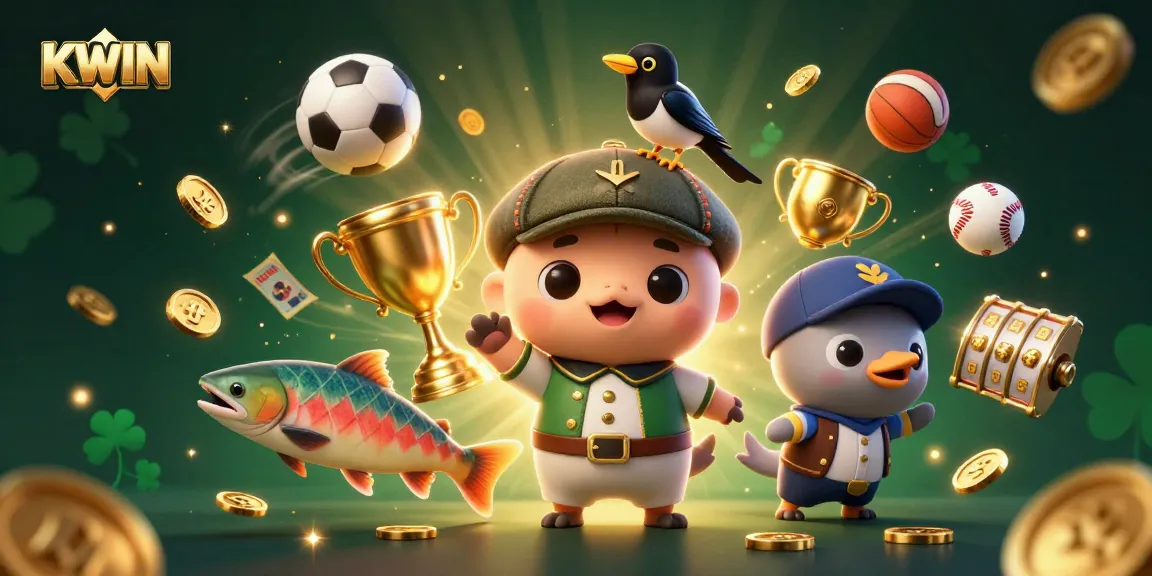 KWIN casino illustration featuring cute Nessie, a magpie, and salmon amidst dynamic gaming elements, emphasizing excitement and engagement.
