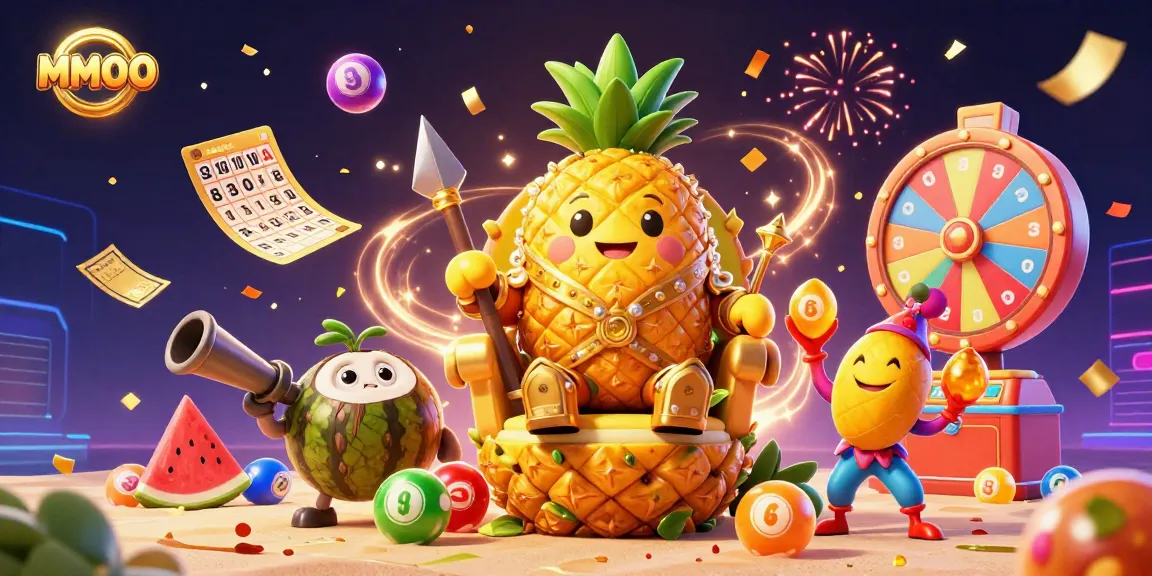 Engage with MMOO's vibrant casino scene featuring the golden pineapple king and dynamic game elements.