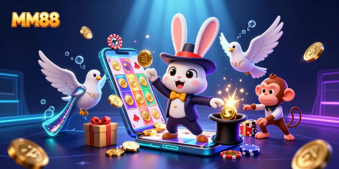 MM88 streamlines gaming with a magical rabbit, coins, and poker excitement in a vibrant casino scene.