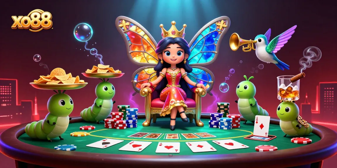 Join the fun at xo88 with a vibrant poker scene featuring a butterfly queen and poker chips.
