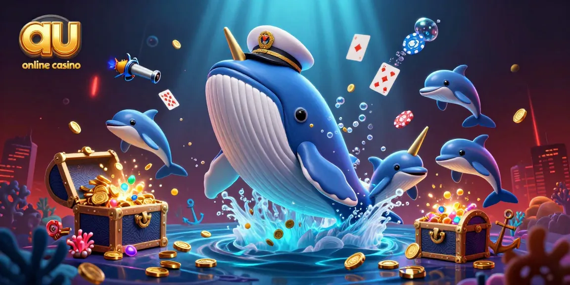 Experience excitement at au online casino with a playful cartoon whale and dolphins among treasures.