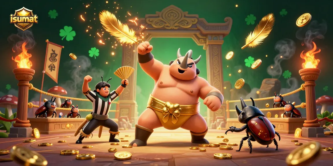 Engage with isumat's thrilling game experiences as the sumo beetle champion dramatically celebrates with coins.