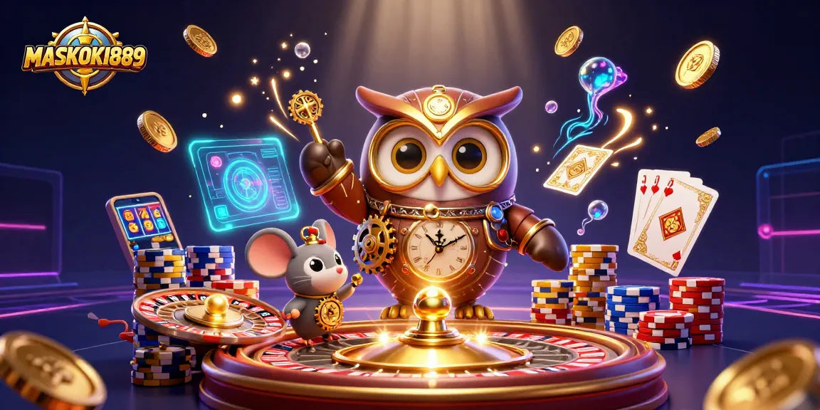Engage with the vibrant atmosphere of MASKOKI889, featuring a time-traveling owl in a futuristic casino