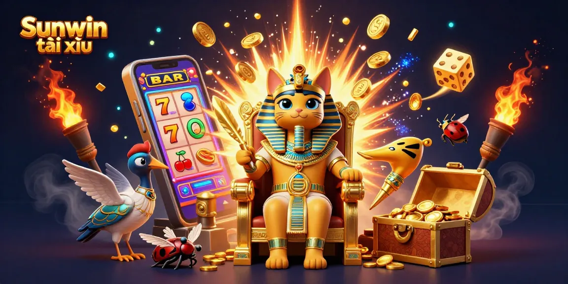 Engage in Sunwin tài xỉu with a dynamic scene of a pharaoh cat and treasures amidst vibrant casino elements.