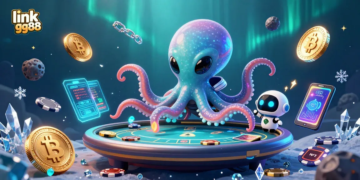 Bet at link gg88 with an exciting 3D alien casino scene featuring holographic poker tables and crypto elements