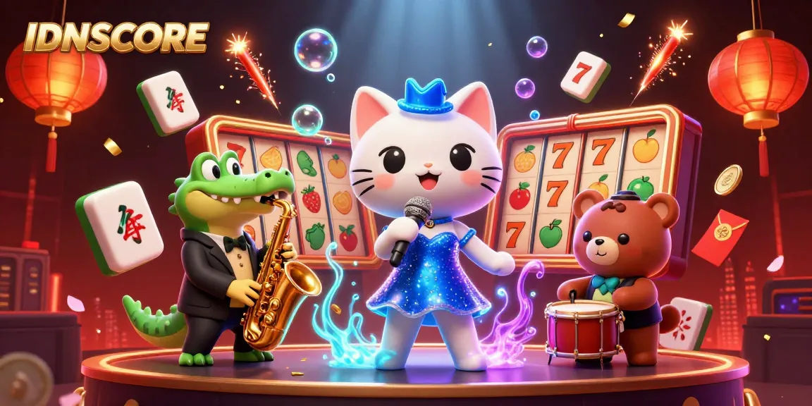 IDNSCORE showcases a lively casino scene featuring a jazz-singer cat and friends celebrating wins with slot reels and vibrant decorations.