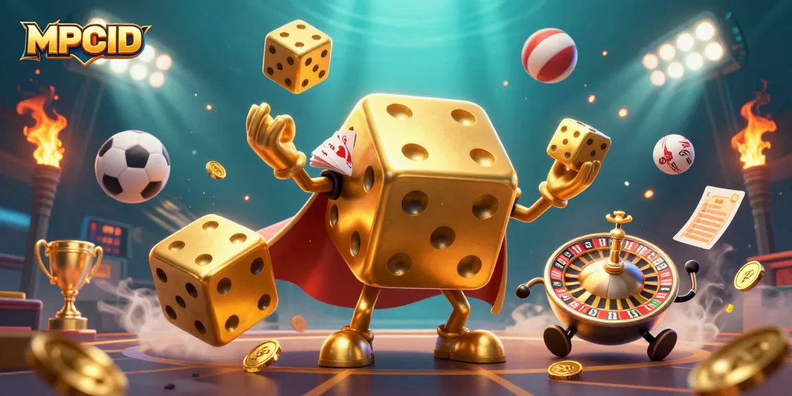 MPOID showcases action-packed gambling graphics with vibrant golden dice and sports elements.