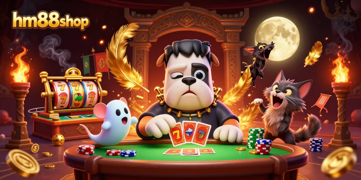 hm88shop brings high-stakes thrill with a Frankenstein bulldog and ghost mouse at a lively casino.