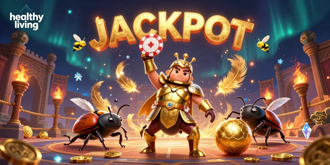 Experience healthy living at the virtual casino with a hercules beetle celebrating a jackpot victory.