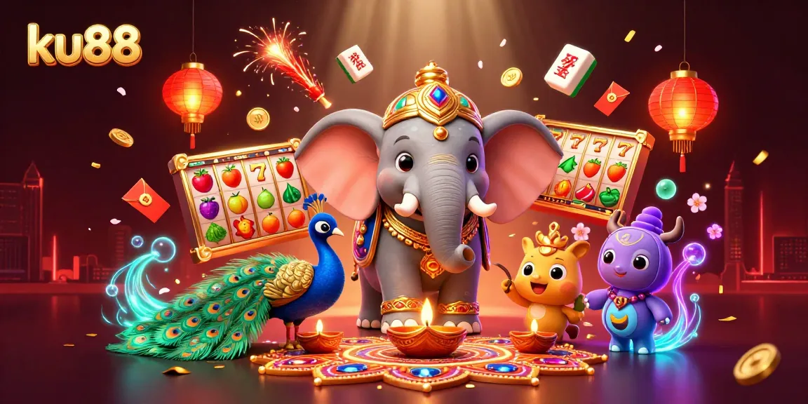 Explore the vibrant ku88 casino scene with a festive elephant and dynamic slot elements illuminating the background.