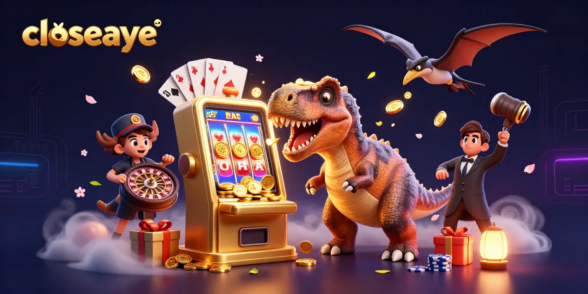 Engaging scene of closeaye where a dinosaur interacts with a golden slot machine, capturing the thrill of gaming.