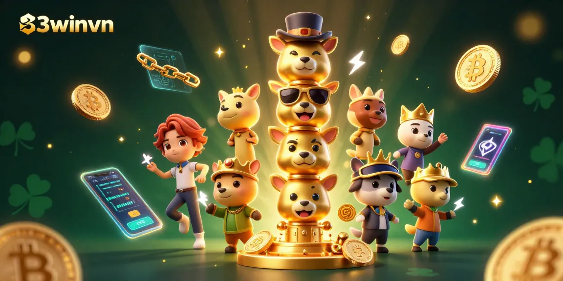 Experience the thrilling world of 33winvn with a dynamic 3D illustration featuring a vibrant golden totem and crypto elements.