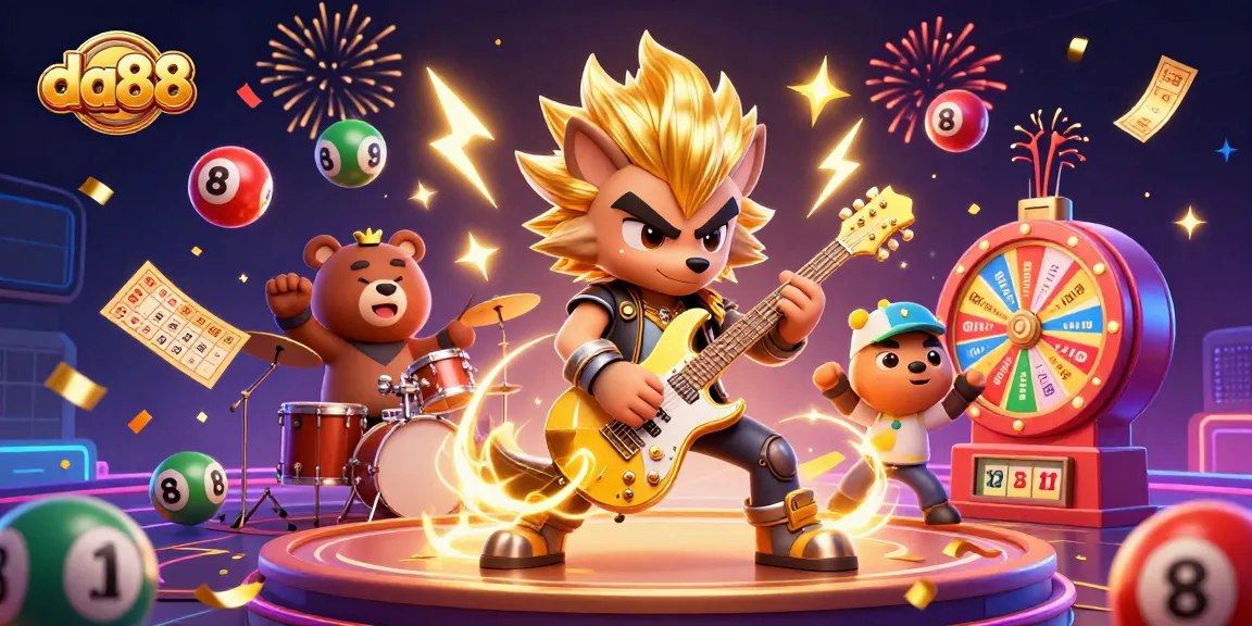 Engage with da88's vibrant casino scene featuring a rock star wolf and drummer bear engaging players.