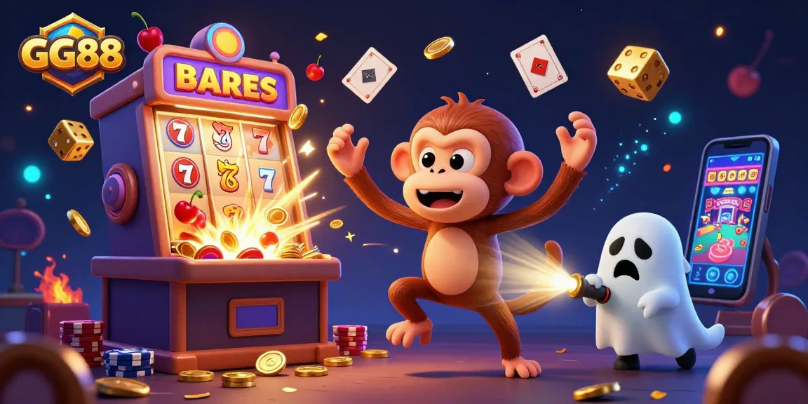 Experience the thrill of GG88 with a playful ghost monkey in a vibrant casino scene.