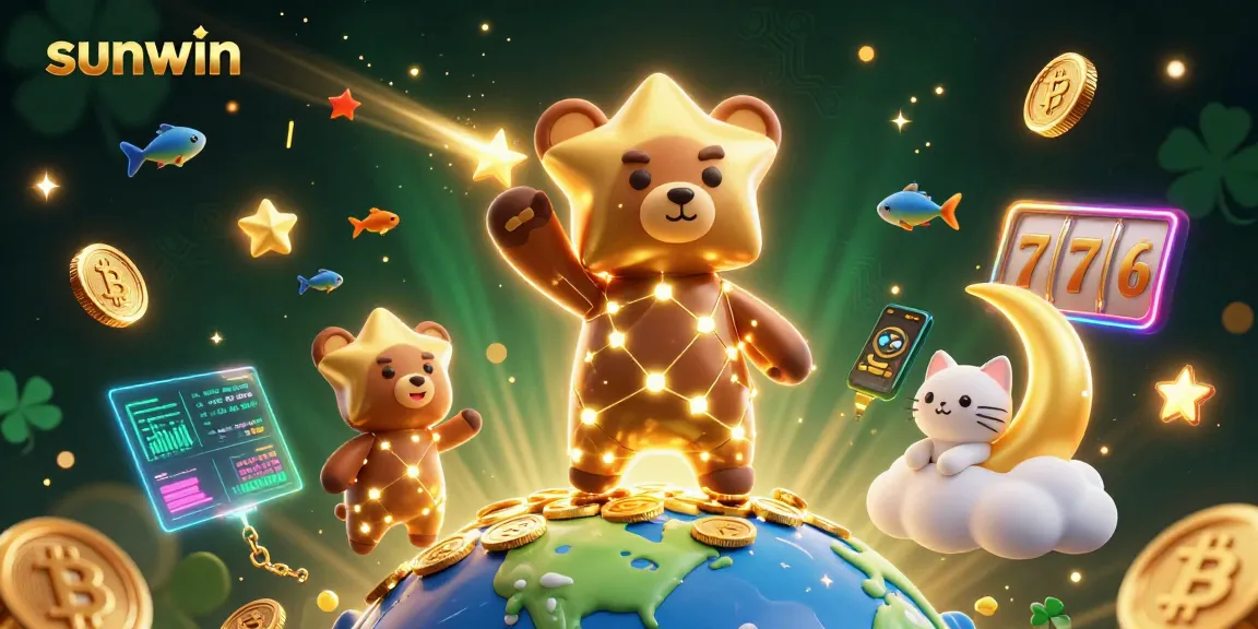 sunwin brings excitement with gold coins and casino icons in a cosmic 3D illustration.