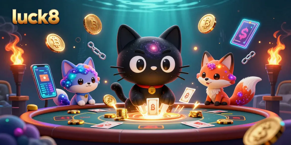 Win big at luck8 with a cosmic casino scene featuring a black hole cat and colorful nebula fox.