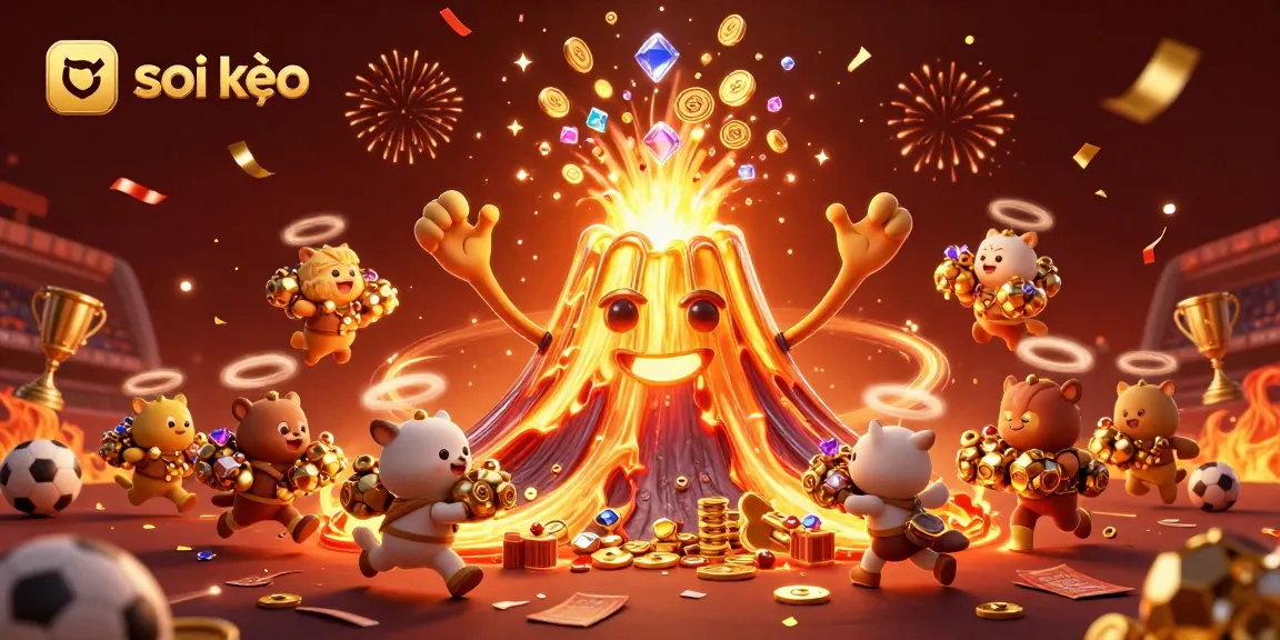 Soi kèo sports betting illustration featuring a golden volcano erupting coins and treasures amidst vibrant casino elements.