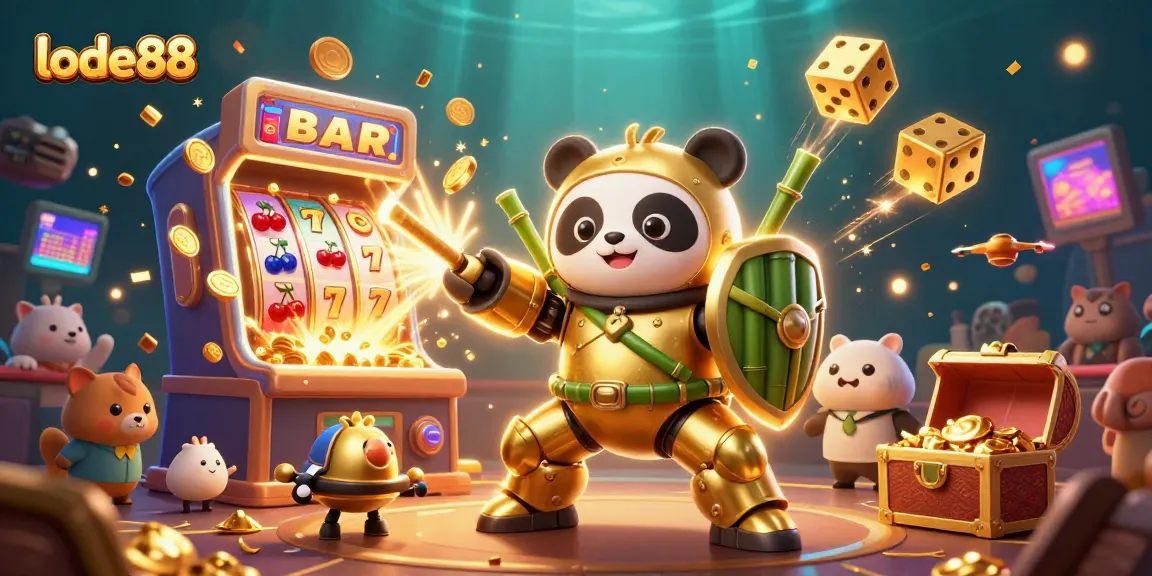 Experience vibrant casino excitement with lode88 as the mech-suit golden panda leads a jackpot celebration.