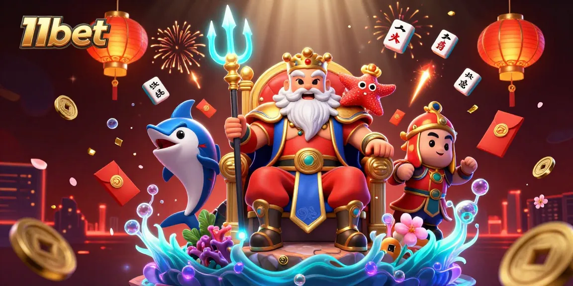 Engage in thrilling gameplay with 11bet's vibrant 3D illustration featuring Neptune and lucky symbols.