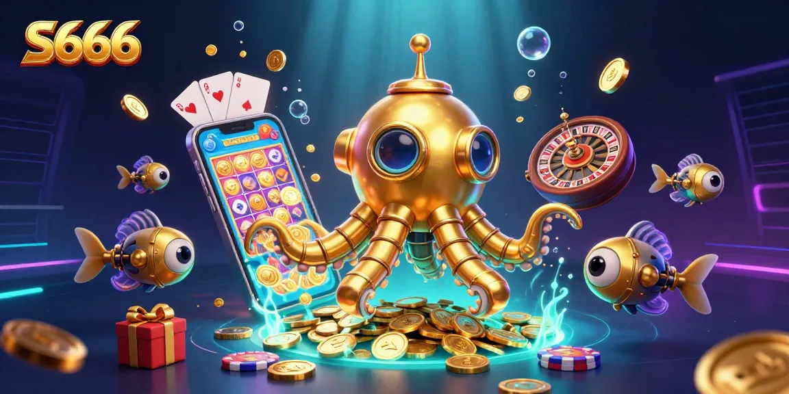 S666 reveals a vibrant underwater world with a golden kraken submarine and mechanical fish among slot games and coins.