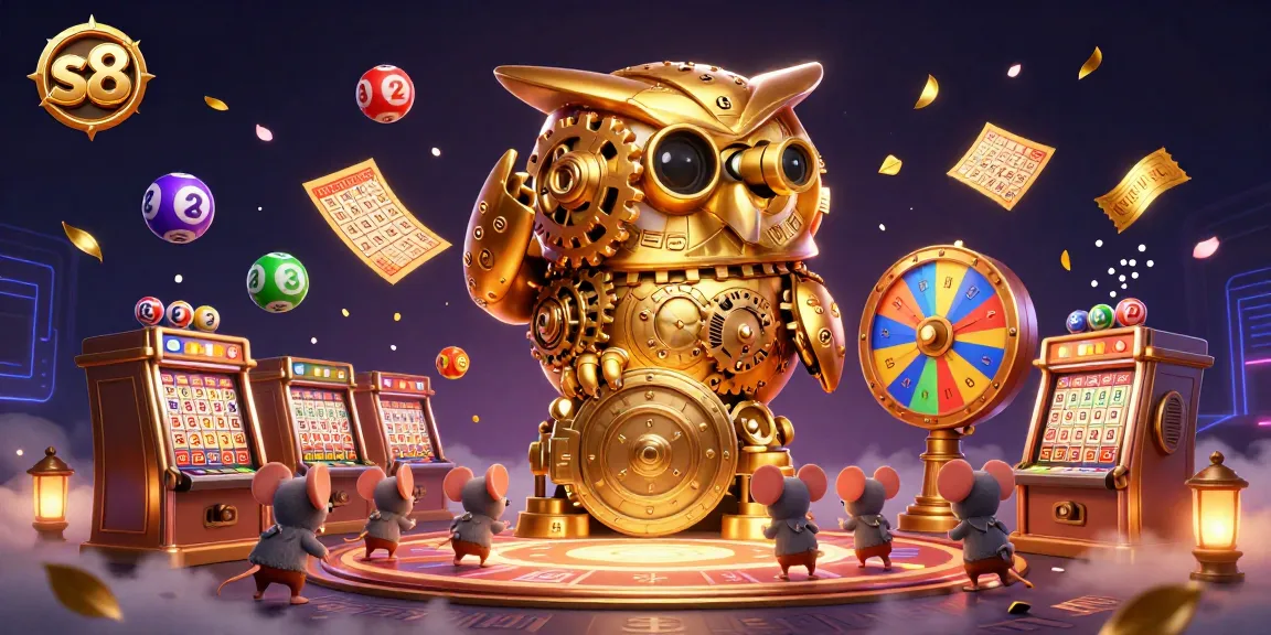 S8 casino scene with a golden owl and wind-up mouse patrons amid vibrant lottery elements.