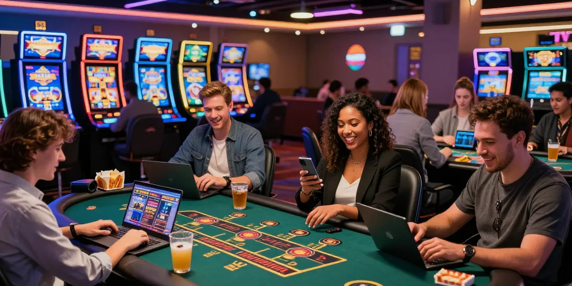 Excited players enjoying games at credit card casinos with vibrant casino decor