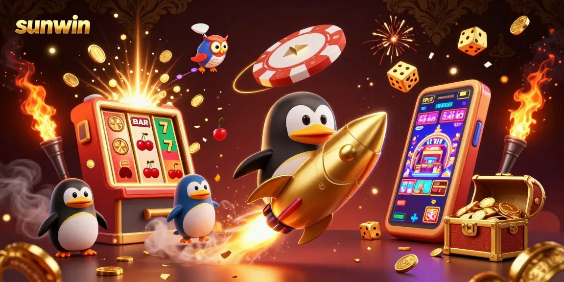 Experience sunwin’s thrilling games with a golden penguin and casino elements in a vibrant cosmic scene.