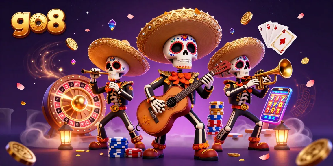 Experience the vibrant energy of go8 with a mariachi band surrounded by casino elements and golden treasures.