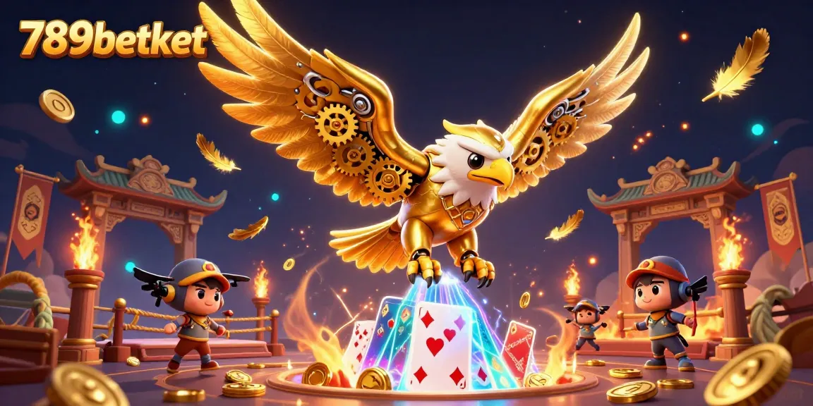 Engage with thrilling games at 789betket, featuring a dynamic 3D scene of a golden eagle amidst holographic cards.