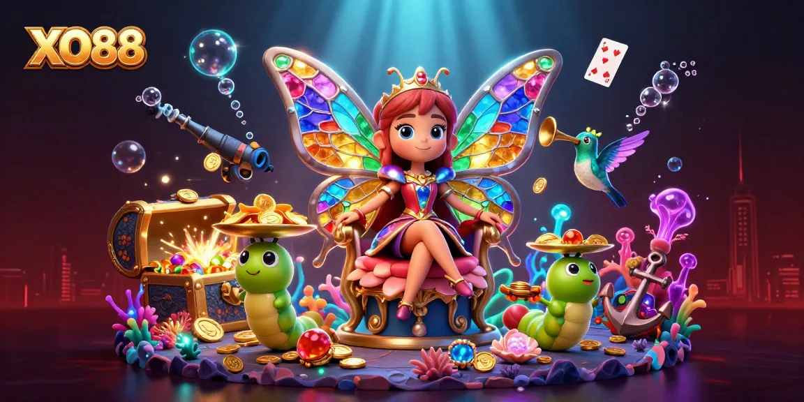 Join the excitement at XO88 with vibrant characters in a colorful casino scene filled with treasures.