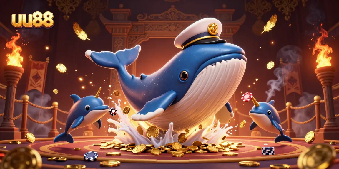 Experience the excitement of uu88 with vibrant dolphins, a whimsical whale, and golden casino elements.