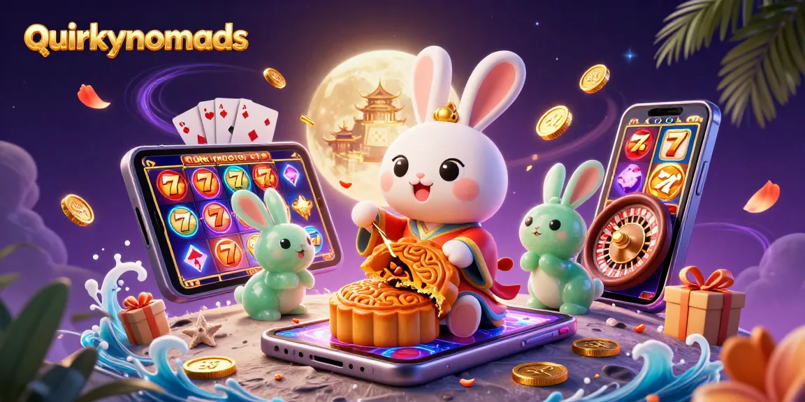 Enjoy quirkynomads as a moon rabbit reveals poker chips from mooncakes amidst vibrant casino elements.