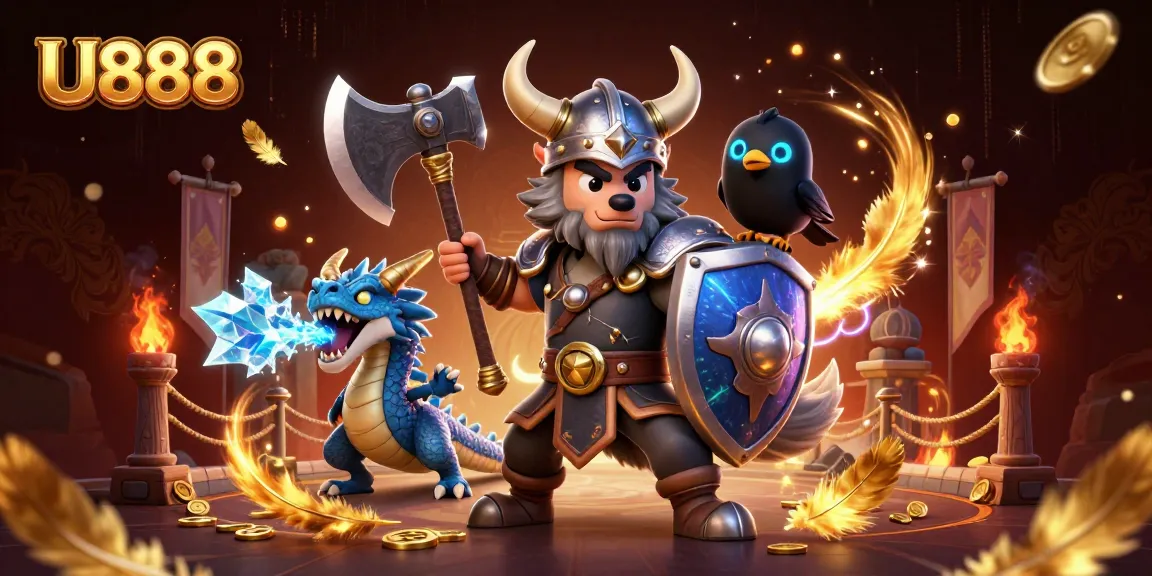 U888 Viking warrior battles alongside a fierce dragon in an epic casino scene.
