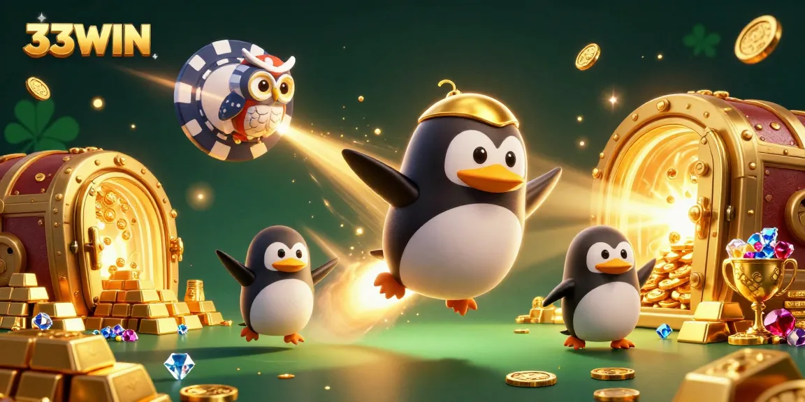 Engage with the thrilling universe of 33WIN featuring a dynamic golden penguin and casino elements.