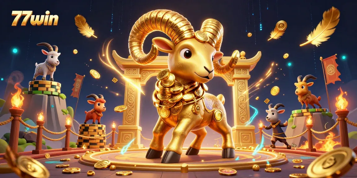 Immerse in the excitement of 77win with a golden ram charging through a casino-themed arena.