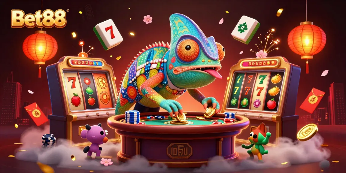 Experience thrilling wins at Bet88 with a lively chameleon casino owner surrounded by dynamic gaming elements.